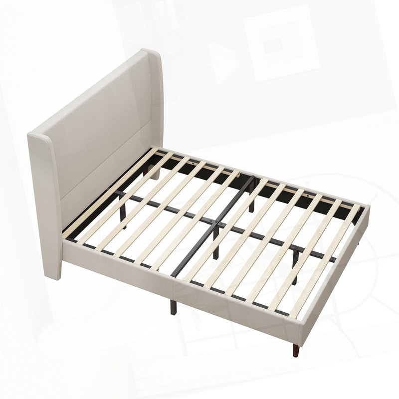 Structure de lit en chenille avec pieds stables en bois massif, Beige, Grand lit
