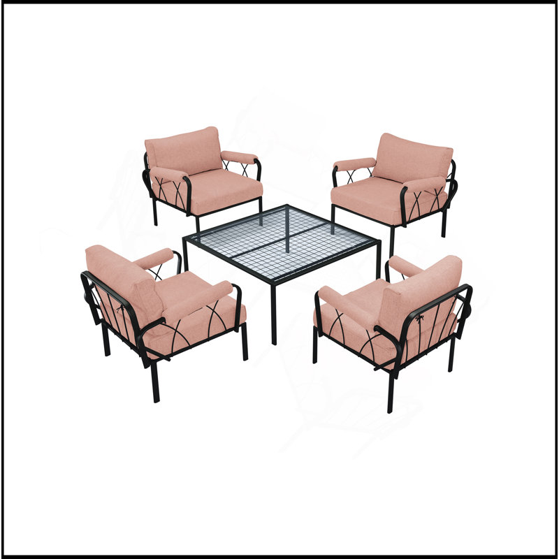 Ensemble de patio 4 pièces Rajni en tissu rose et finition noire (4 chaises)