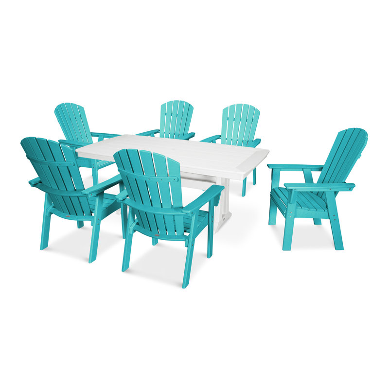 POLYWOOD Nautical Adirondack 9-Piece Trestle Dining Set, Aruba/White, 9 Pieces: Table, 8 Chairs