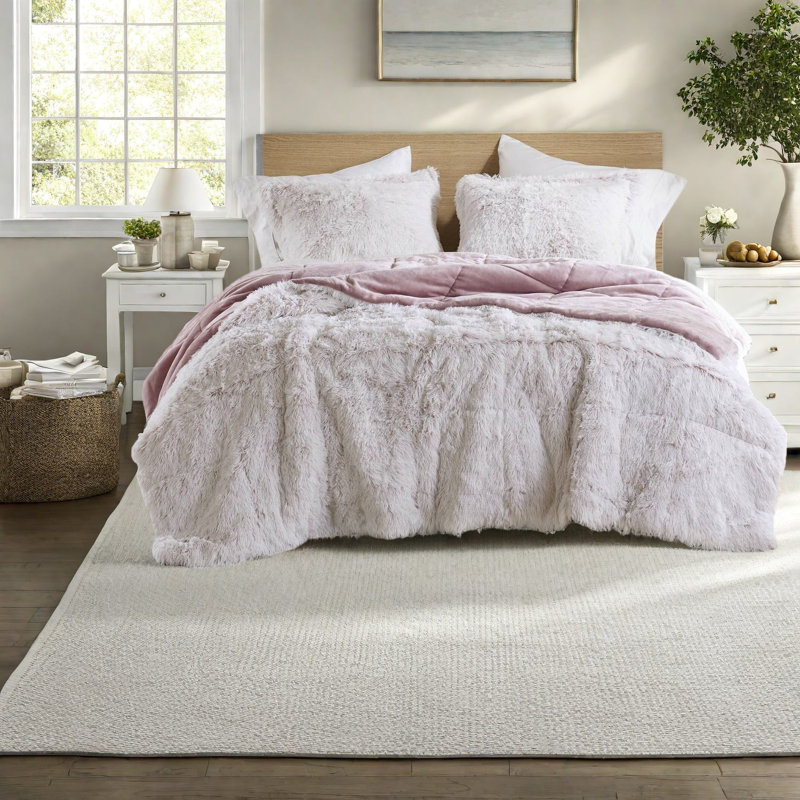 Ensemble de literie luxueuse en fausse fourrure à poils longs, rose et blanc, double / grand