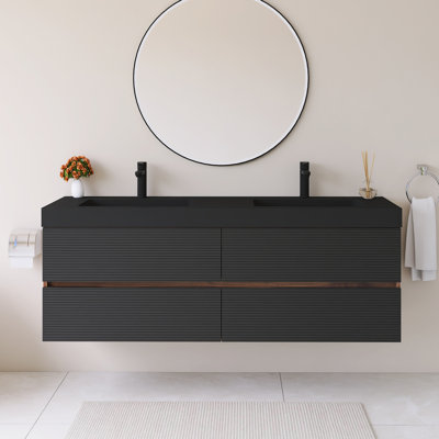 Meuble-lavabo mural 60 po avec lavabo à surface solide noir 60 po