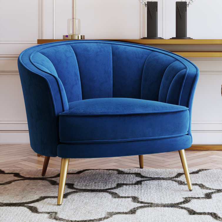 Everly Quinn Studio Modern Luxe and Glam Navy Blue Velvet Fabric Upholstered and Gold Finished Metal Armchair Everly Quinn Fabric: Blue Velvet