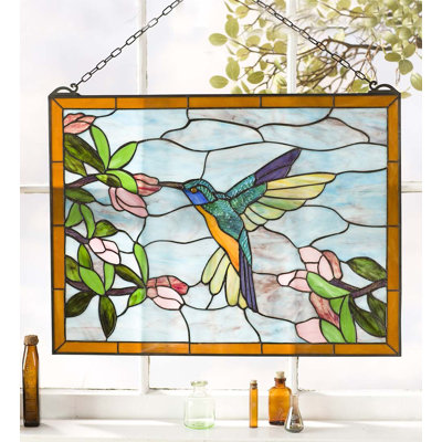 Stained Glass Hummingbird Art Panel with Metal Frame and Chain