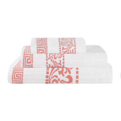Jiro Athens Cotton Medium Weight Floral Border Greek Key Trim 3 Piece Assorted Towel Set