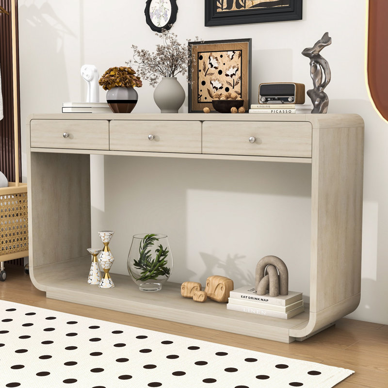 Console élégante en bois moderne avec pieds et tiroirs courbés, Naturel