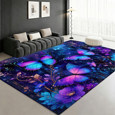 Tapis d'intérieur à motif floral papillon, dégradé bleu-violet, esthétique artistique, lavable à la machine et antidérapant, idéal pour le salon, la chambre, l'entrée, la cuisine, le balcon ou un appartement.