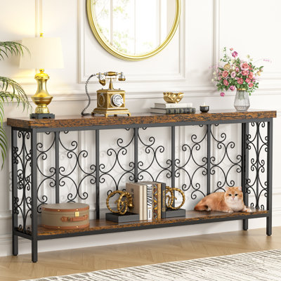 Console, canapé industriel étroit derrière le canapé avec tablette de rangement à 2 niveaux, table d'appoint de vestibule pour le salon, vestibule, brun rustique