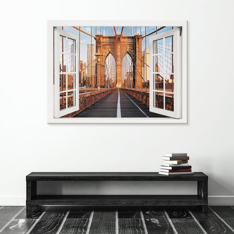 New York Brooklyn Bridge Window - Wrapped Canvas Print, 80cm H x 120cm W x 2cm D