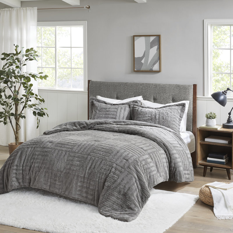 Ensemble d'édredon traditionnel en microfibre Larkin, Édredon double / grand + 2 taies décoratives sta, Gris