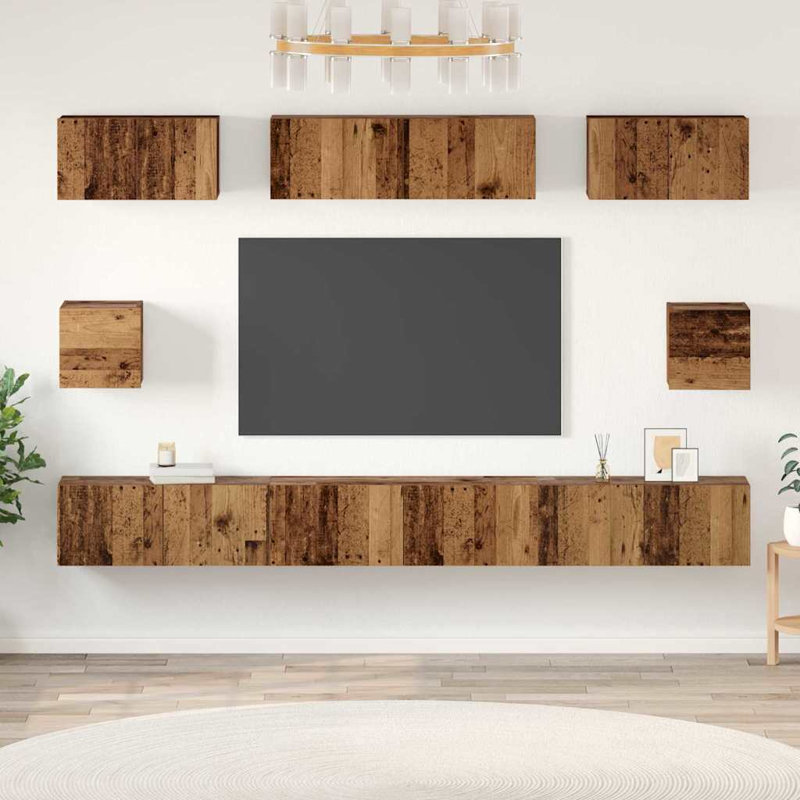 TV Cabinet Set Wall-Mounted 8 Pcs Engineered Wood, Old Wood