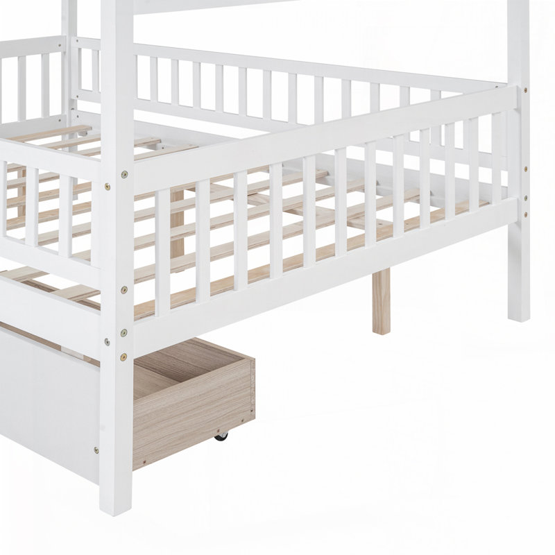 Lit en bois avec deux tiroirs, Complète, Blanc