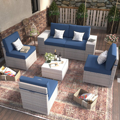 6-Piece Wicker Patio Furniture Set, Outdoor Modular Sofa Set With Wide Armrests For Porch Garden Balcony