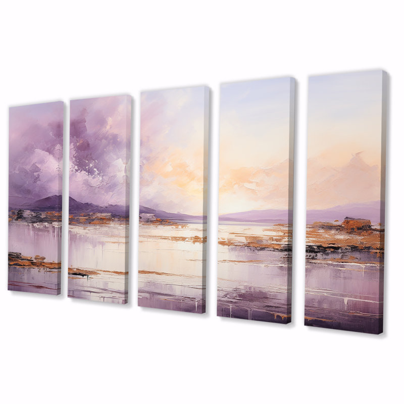 «Art et lac mauve et doré II 5 pièces» - 5 pièces, H 28 po x l 60 po