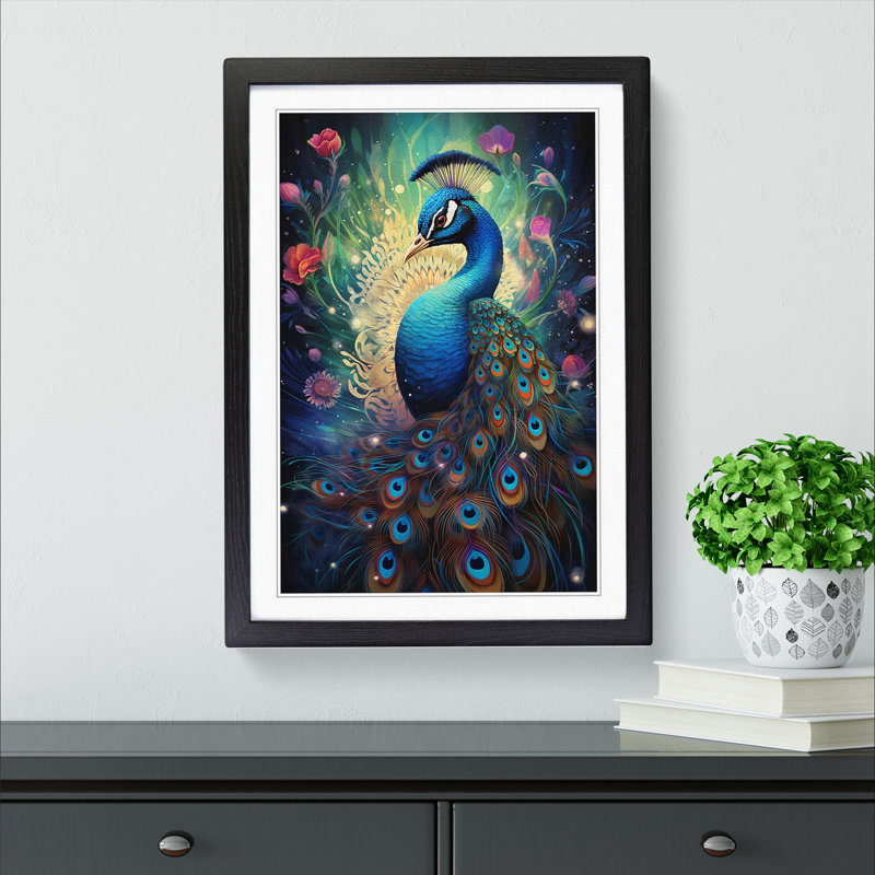 Peacock Conceptual - Single Picture Frame Print on Wood, 64cm H x 46cm W x 2cm D, Black Framed