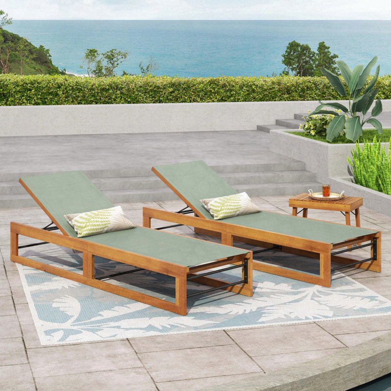 Chaise longue Mia (ensemble de 2) avec assise en filet et structure en bois d'acacia, Vert menthe