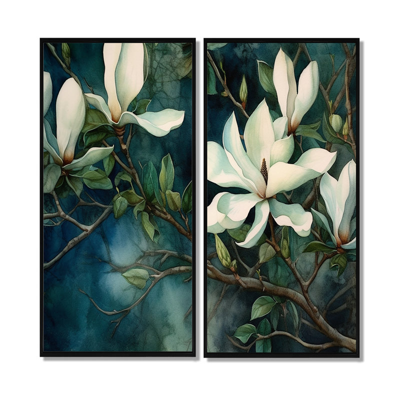 Paysage de magnolia vert et blanc - grandes impressions sur toile florales, H 40 po x l 40 po, Noir