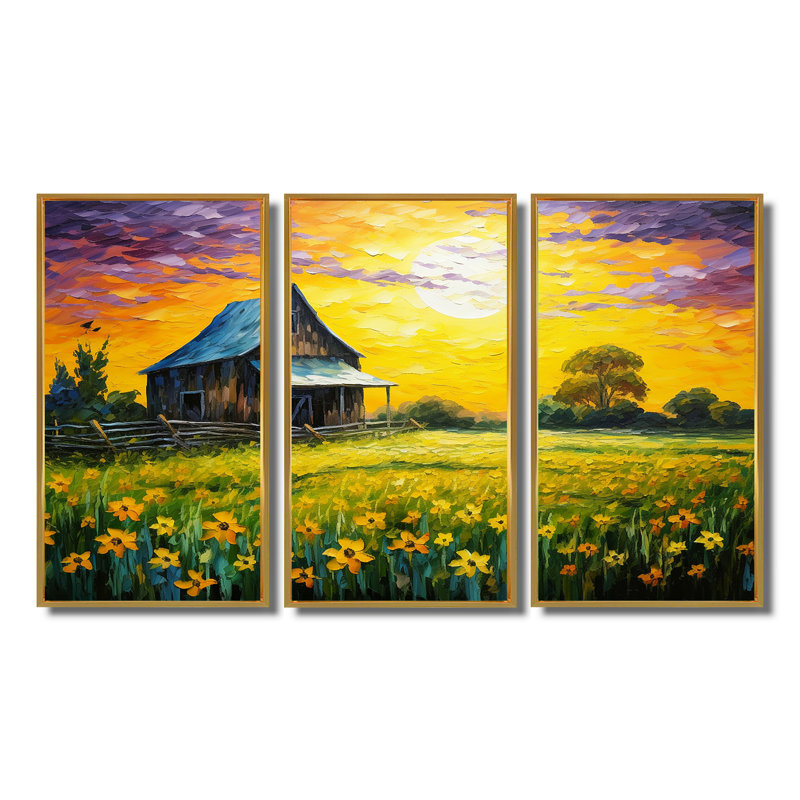 «Cottage in Yellow Flower Field Sunset» - ensemble d'art mural de ferme, Cadre flottant doré, H 32 po x l 48 po x P 1 po