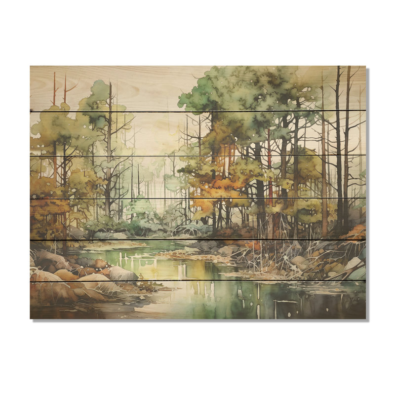 Encre alcoolisée, paysage de forêt - Art mural en bois sur bois de pin naturel, H 10 po x l 20 po