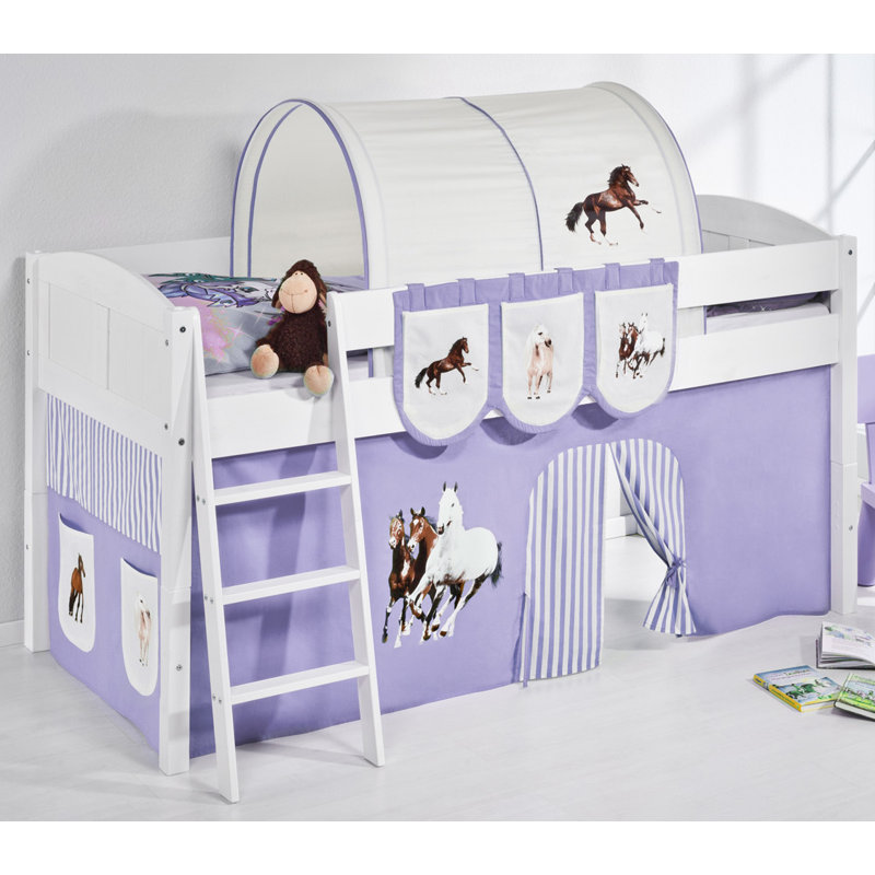 Pferde European Single (90 x 200cm) Mid Sleeper Bed with Curtain, Purple and beige