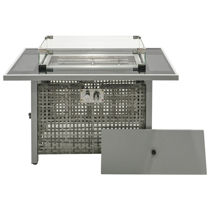43" Propane Gas Fire Pit Table, 60000 BTU, Rectangular,Open Weave Wicker,with Glass Wind Guard, Gray