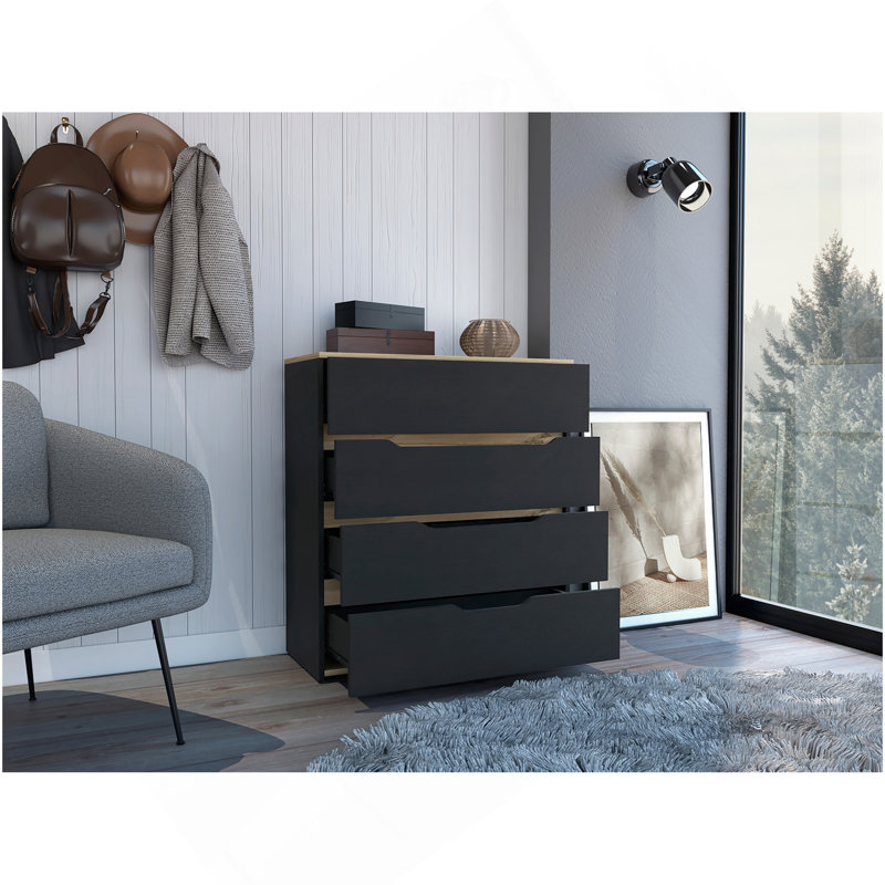 Commode hautbois, haut, quatre tiroirs, finition wengé noir / chêne clair, Chêne clair