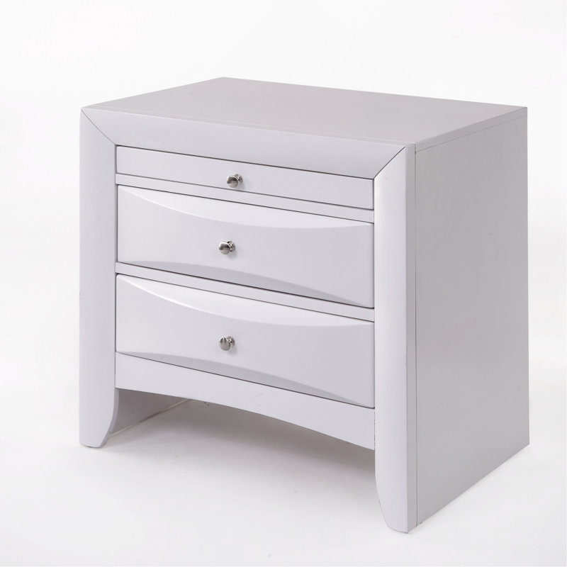 1Pc White Finish Nightstand With Two Storage Drawers And Pull Out Tray Wooden Bedroom Furniture, White
