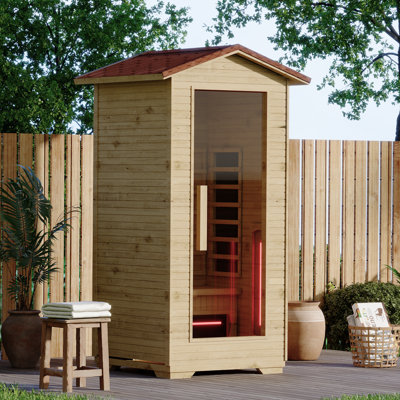 Outdoor Sauna, 1 Person Far Infrared Sauna, 15 to 20 Minutes Warm Up Home Sauna with Heating Tubes & Panels, Wooden Sauna Room with Bluetooth Speaker & Changeable Lighting
