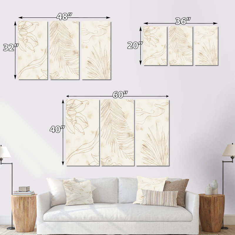 Ensemble de 3 impressions sur toiles tendues - ligne minimaliste botanique I, H 32 po x l 48 po