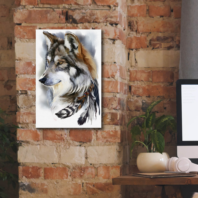  «Red Wolf Head and Bird Feathers» par Kajenna, art mural sur toile, 12 po x 18 po, H 18 po x l 12 po