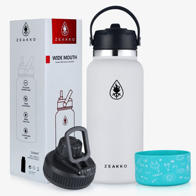 Water Bottle Insulated 32Oz Straw Lid Spout Lid & 2 Lids, Leak Proof, Vacuum Insulated,  BPA-Free Keep Cold 24H Hot 12H White