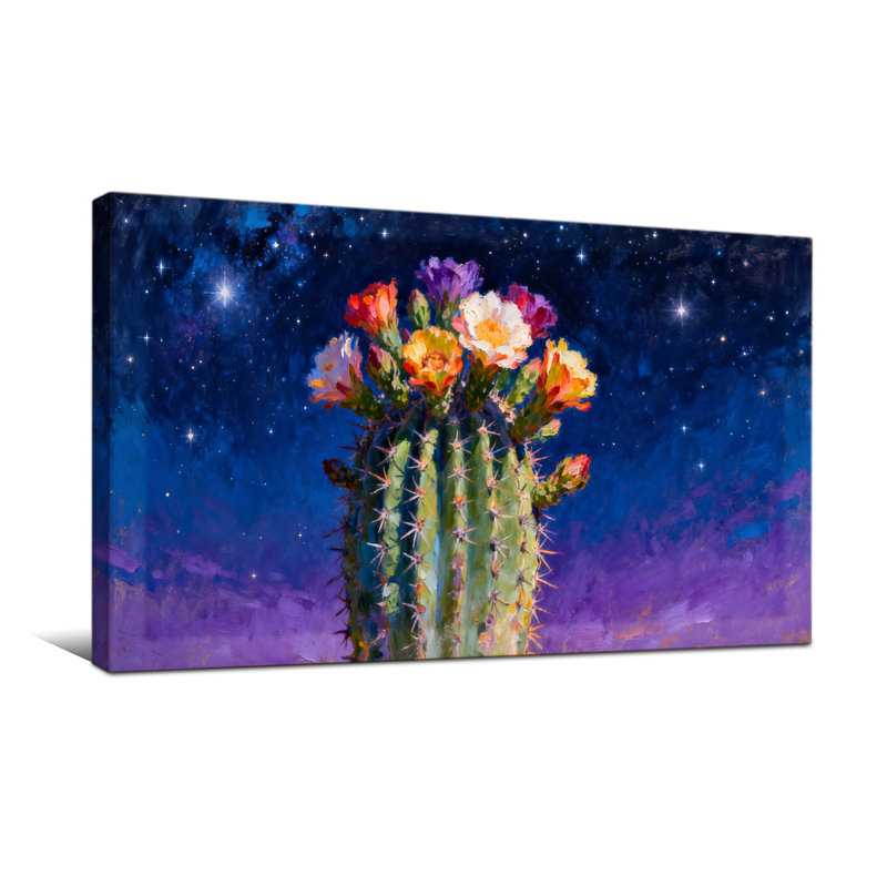 Plantes et fleurs de cactus sous le ciel étoilé, H 16 po x l 32 po