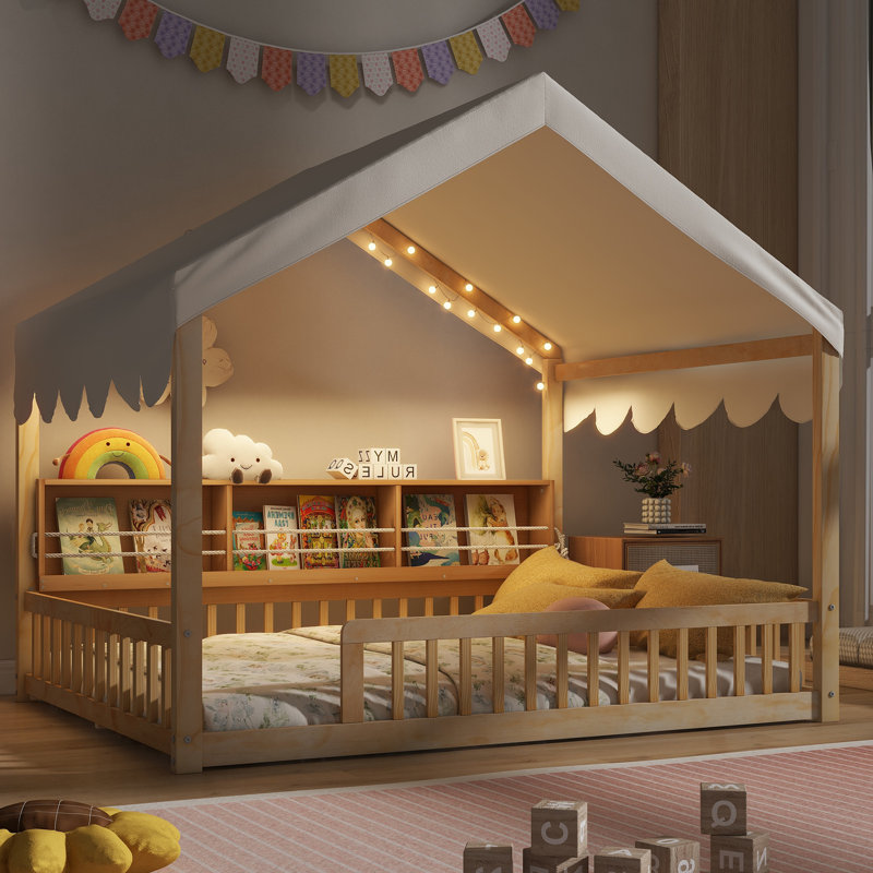 Full-Size Wooden House Bed with Fence, 3 Bookshelves, Curtain & LED Light – Cozy Floor Bed for Kids,Natural+Beige