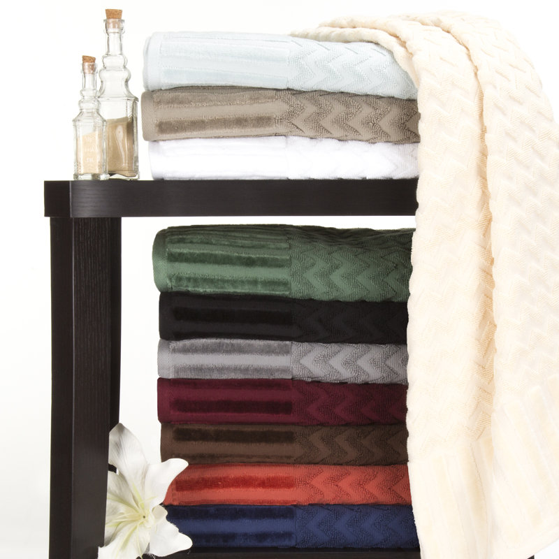 Harva 6-Piece Cotton Bath Towel Set – Chevron Pattern Plush Sculpted Spa Luxury Decorative Towels, Silver