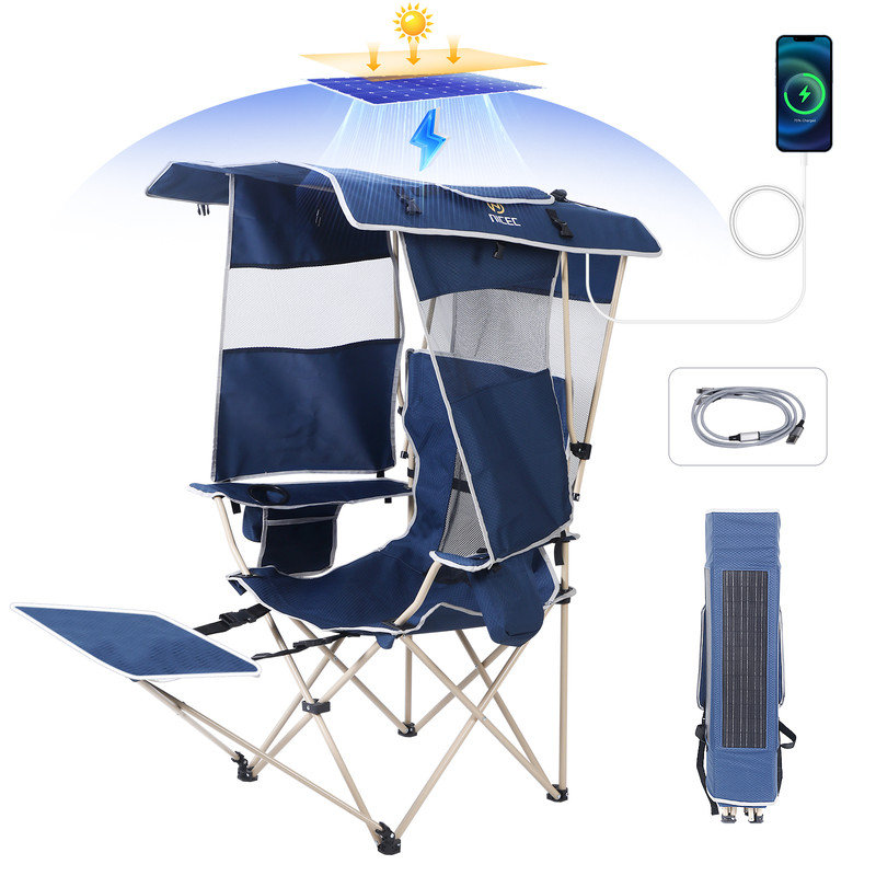 Outdoor Camping Chair with Canopy & 30W Solar Panel, Portable Camping, Beach & Sports Chair with Removable Footrest (Blue 1-Pack)