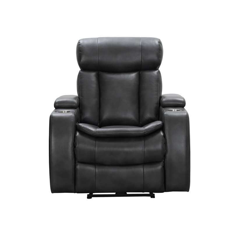 Asahd Leather Power Reclining Home Theater Seat with Cup Holder, Black Genuine Leather