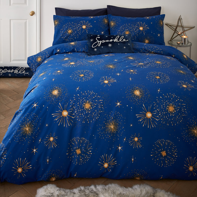 Christmas Sparkle Reversible Duvet Cover Set, Double Duvet Cover + 2 Standard Pillowcases, Navy