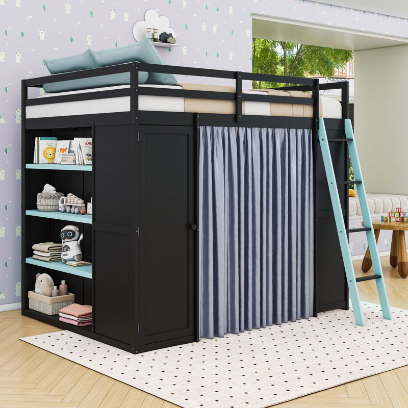 Lit mezzanine en bois avec garde-robe, tablettes et lumières RVB, Black Blue