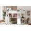 Grand lit mezzanine fonctionnel avec bureau d'étude, tablettes de rangement ouvertes, boîte de rangement externe et système de chargement USB, blanc