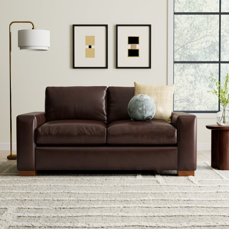Jonie 66" Wide Genuine Leather Square Arm Loveseat, Bistro Rustic Genuine Leather