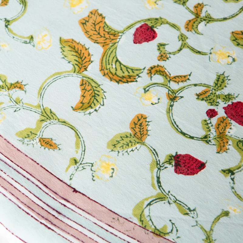 Strawberry Handmade Floral Tablecloth, Blue, 90” Square