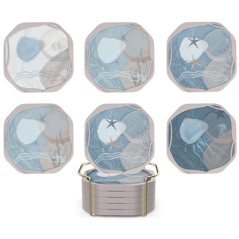 Ensemble de 6 sous-verres absorbants avec support - Thème océan, décor de table de salle à manger côtière pour la maison, Beach House Essentials, bleu, 4 po