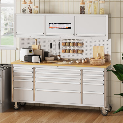 72 Inch Stainless Steel Rolling Tool Chest and Workbench - 15 Lockable Drawers - Heavy Duty Mobile Cabinet with Sturdy Wood Top and Wheels - Secure Storage for Garage, Workshop, or Repair Shop