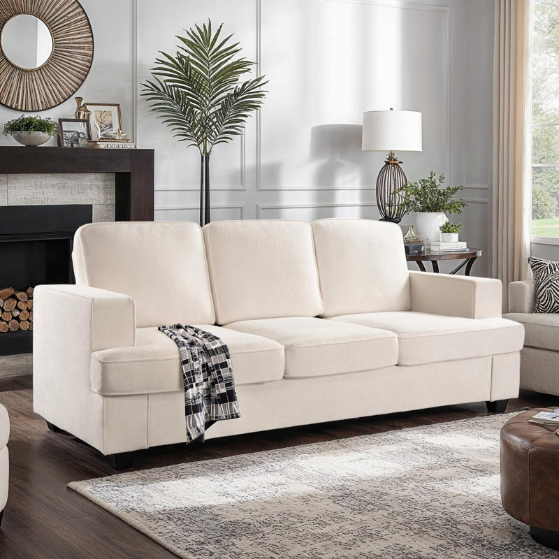 Canapé en velours 3 places, canapé à assise profonde avec mousse haute densité et coussins de dossier amovibles, Beige