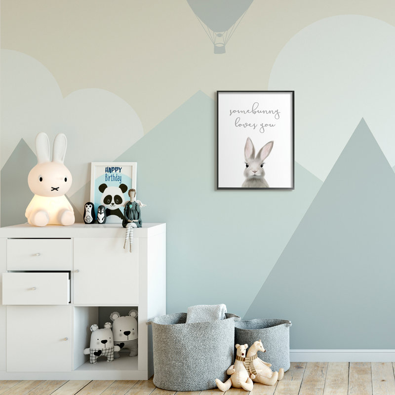 «Somebunny Loves You» citation d'un jeu de mots gris, H 20 po x l 16 po x P 1,5 po, Giclée encadrée noir minuit