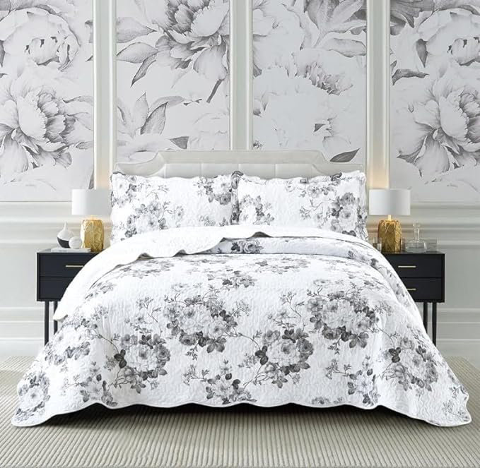 Andrena Bedspread with Pillow Shams Included, Single Bedspread + 1 Standard Pillow Sham, Floral, Grey