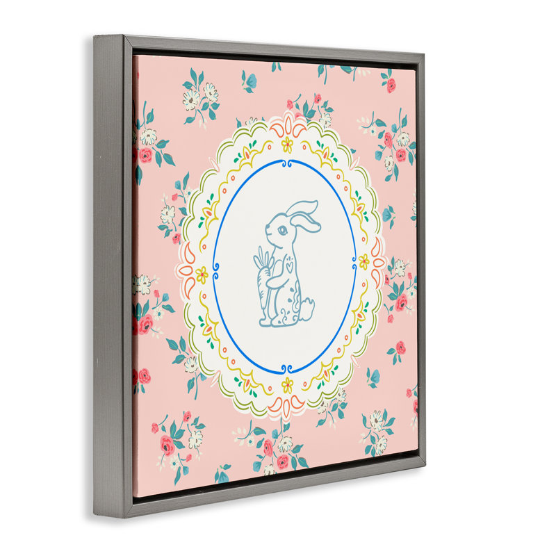 Cadre flottant Whimsical Spring Bunny, design par Angela Steahling, H 18 po x l 18 po, Cadre flottant gris lustré