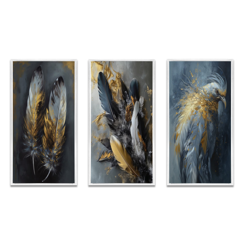 «Gold Boho Chic Feathers», 3 pièces sur toile, Cadre flottant blanc, H 40 po x l 60 po