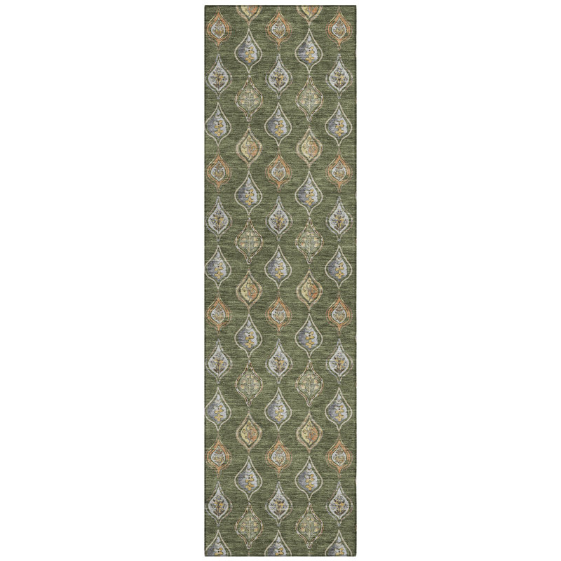Machine Washable Indoor/Outdoor Chantille ACN2632 Floral Rug, 2'3" x 7'6" Runner, Olive