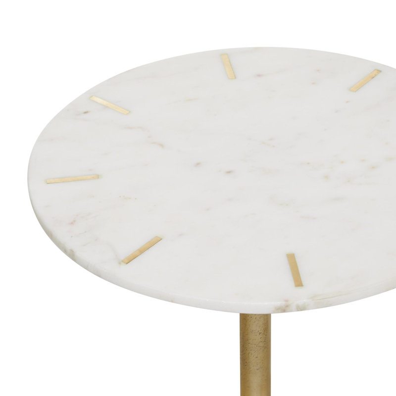 White Marble Side End Accent Table with Gold Inlay and Scrolled Base, 18" x 18" x 25", 25" H x 17.5 x 17.5" D