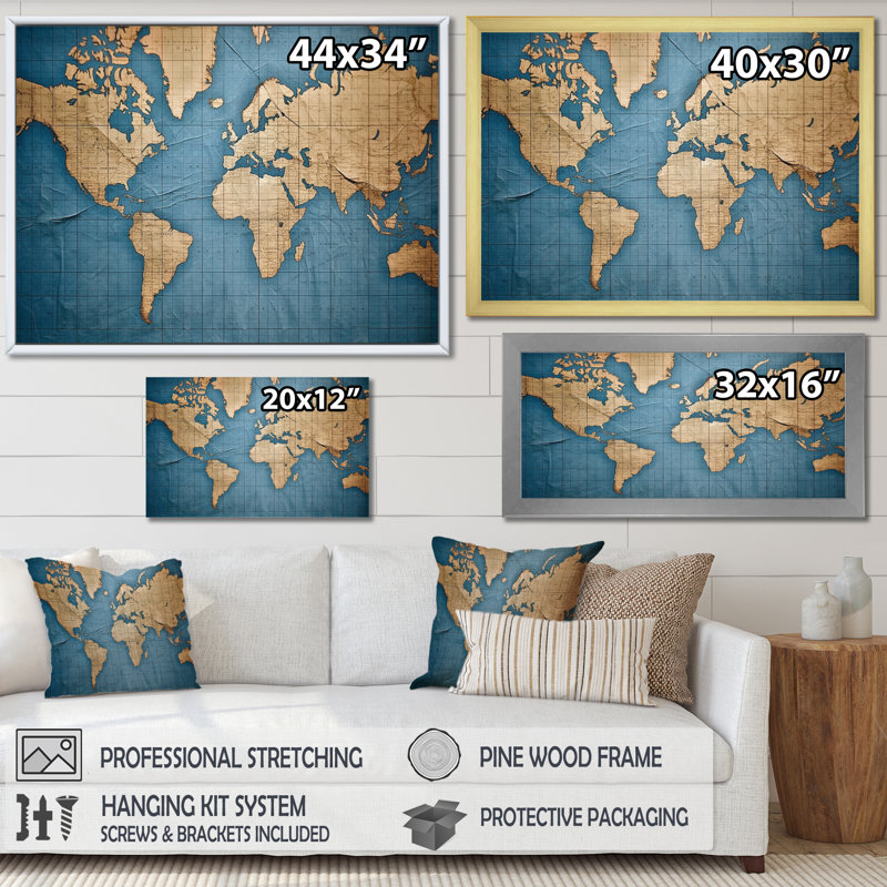 Ancienne carte du monde VII, reproduction d'art sur toile, H 24 po x l 32 po x P 1 po, Toile tendue